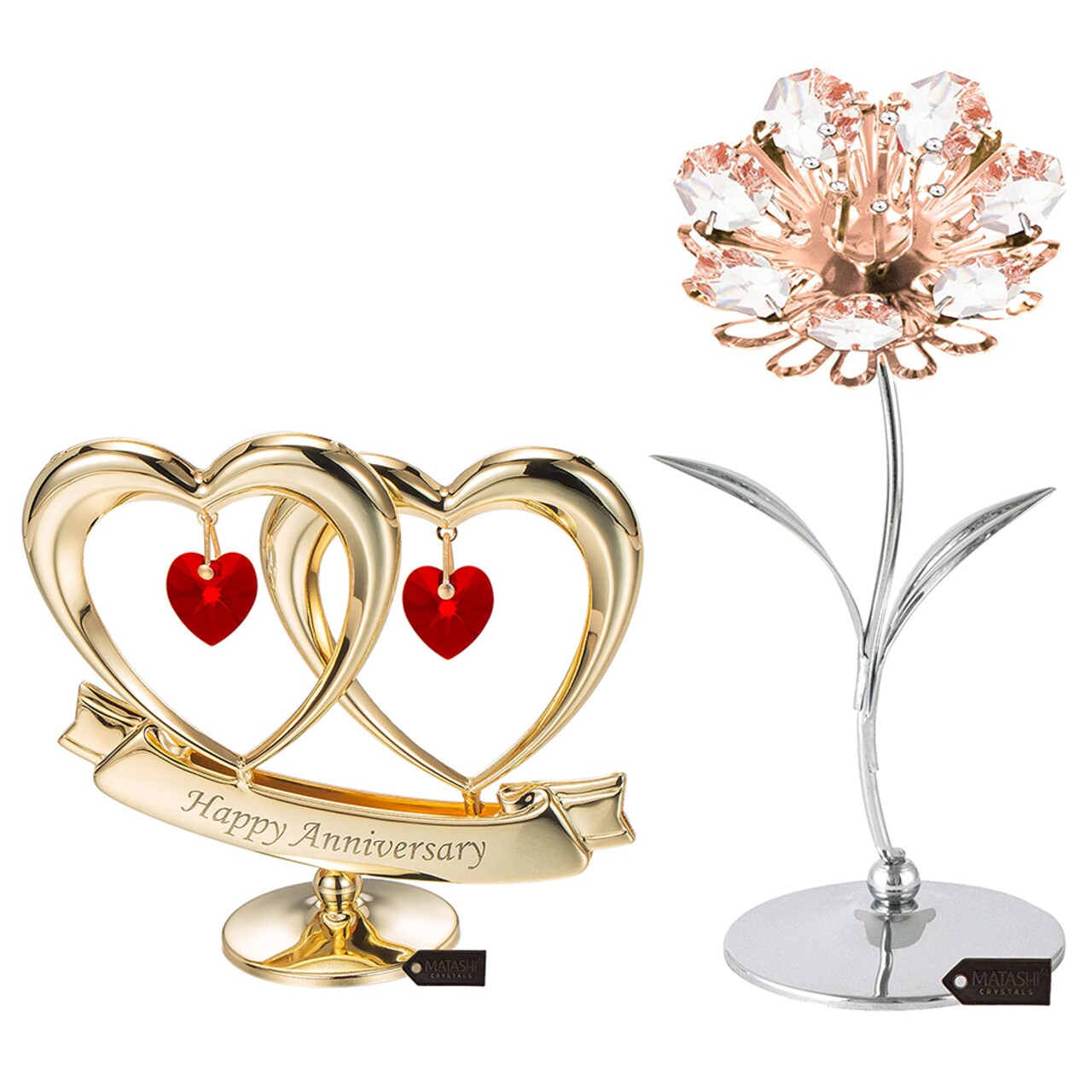 Matashi 24K Gold Plated Double Heart Happy Anniversary Banner Ornament W Chrome And Rose Gold Plated Sunflower Figurine